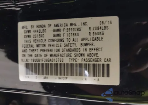 2016 Acura Tlx z USA, uszkodzony, nr VIN 19UUB1F38GA015760